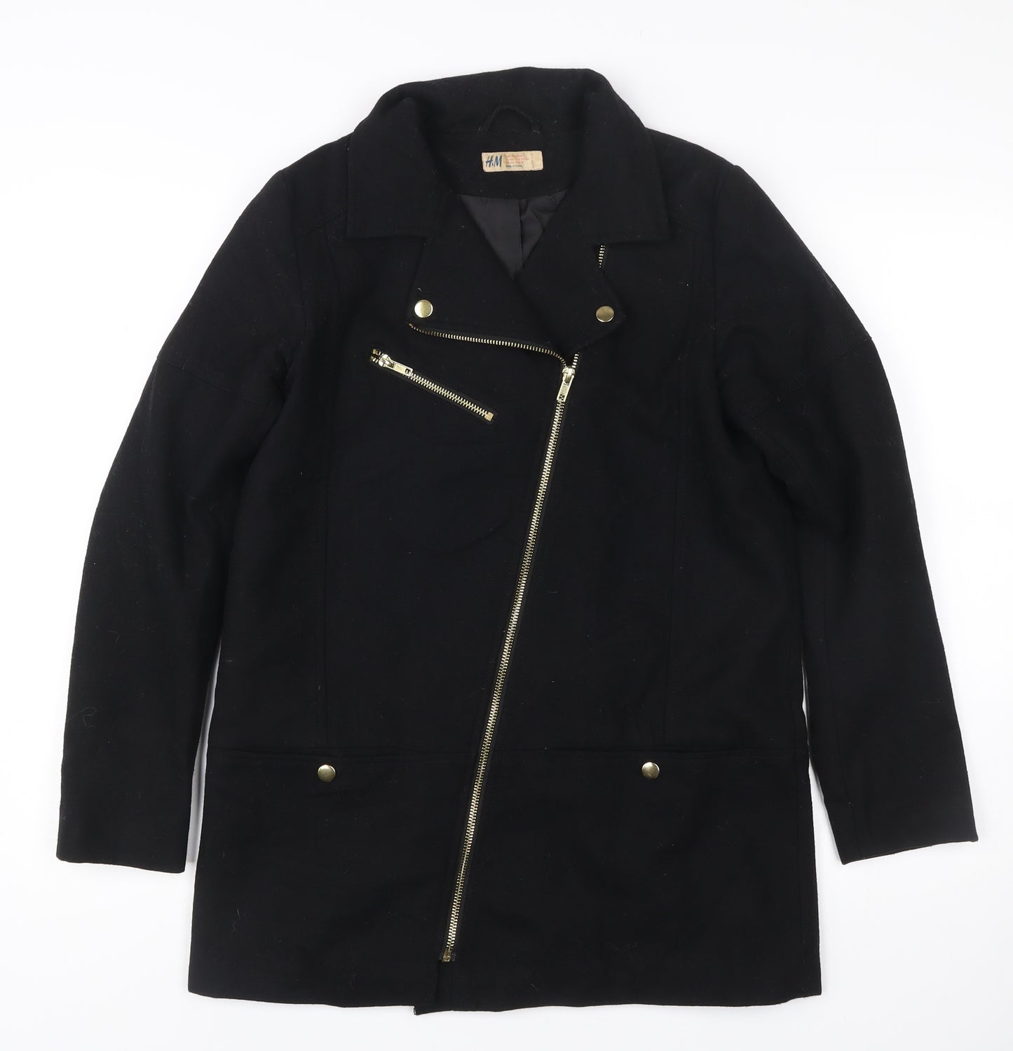 H&M Women’s Black Wool Blend Biker Coat Size 12 Mid Length