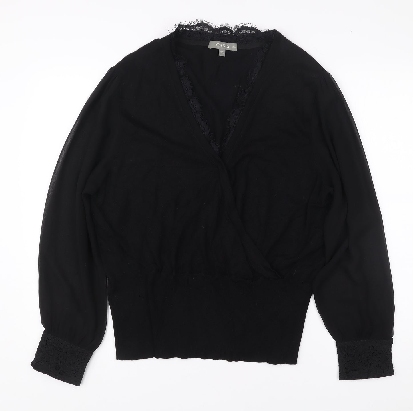 Oasis Womens Black Lace Trim Wrap Blouse Size 2XL Long Sleeve