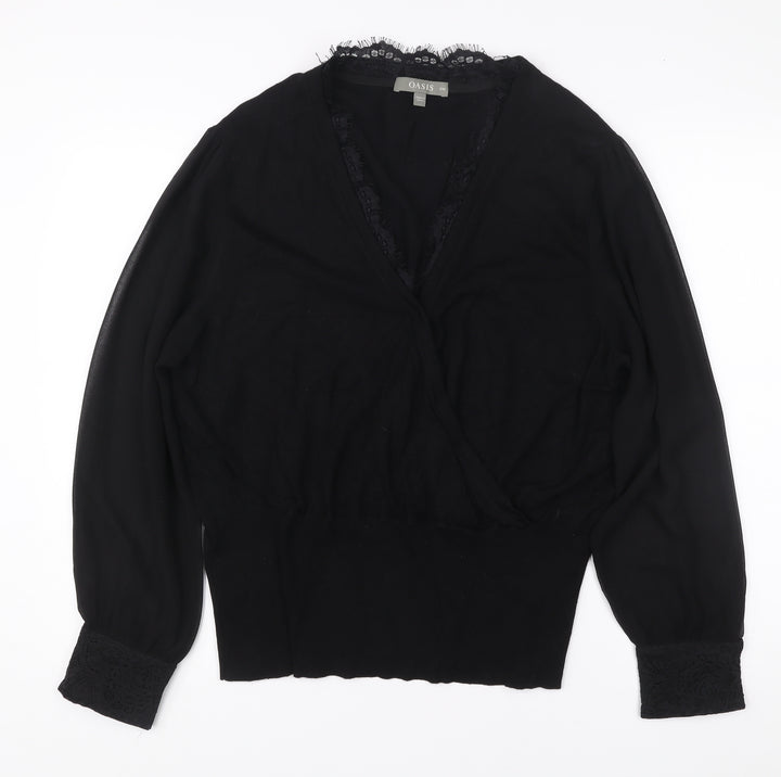 Oasis Womens Black Lace Trim Wrap Blouse Size 2XL Long Sleeve
