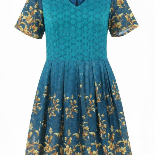 Tenki London Women Blue Floral Fit & Flare Dress Size 12 V-Neck Knee Length