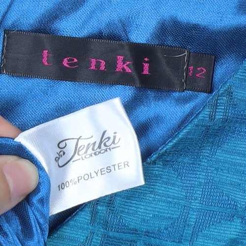 Tenki London Women Blue Floral Fit & Flare Dress Size 12 V-Neck Knee Length