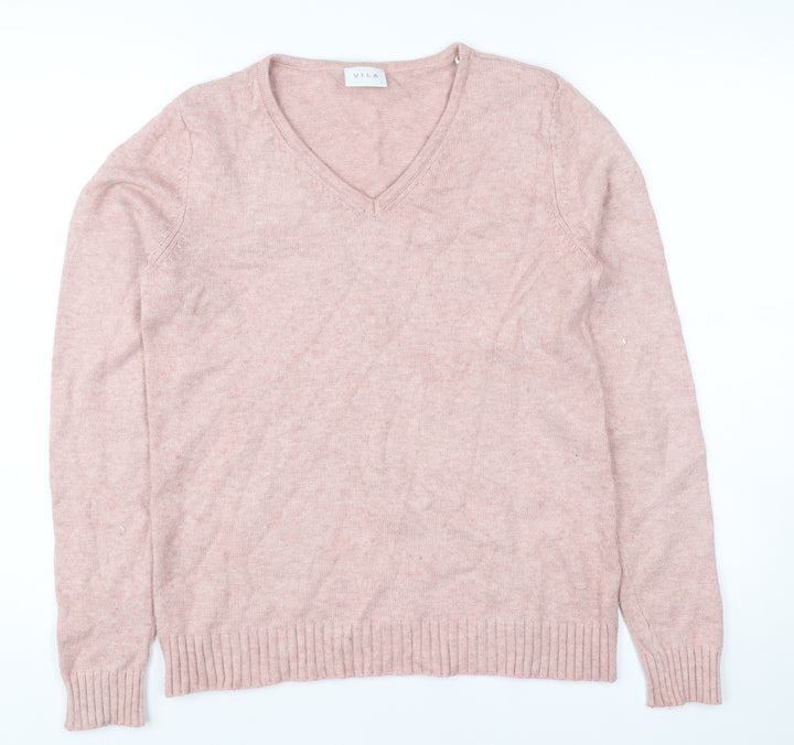 Vila Womens Pink V-Neck Pullover Jumper Size S Long Sleeve Knit