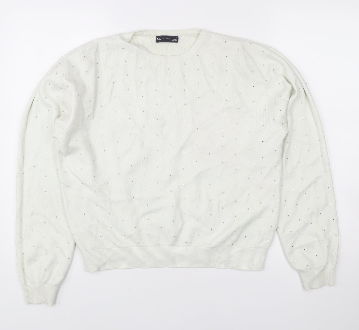 Marks and Spencer Womens White L Pullover Jumper Crew Neck Rhinestone Knit