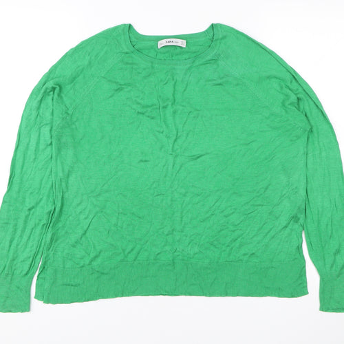 Zara Women Green Knit Pullover Jumper Medium Crew Neck Long Sleeve
