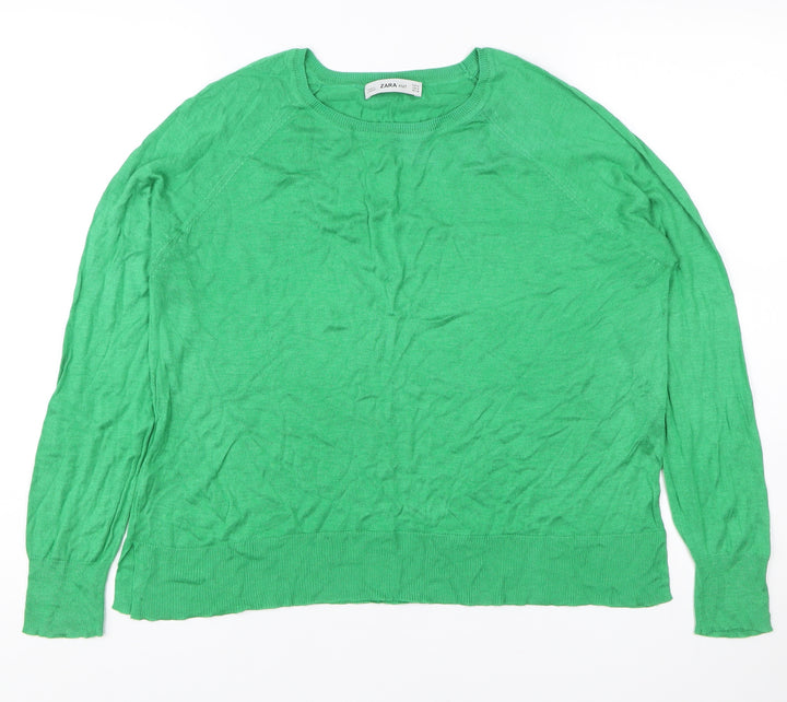 Zara Women Green Knit Pullover Jumper Medium Crew Neck Long Sleeve