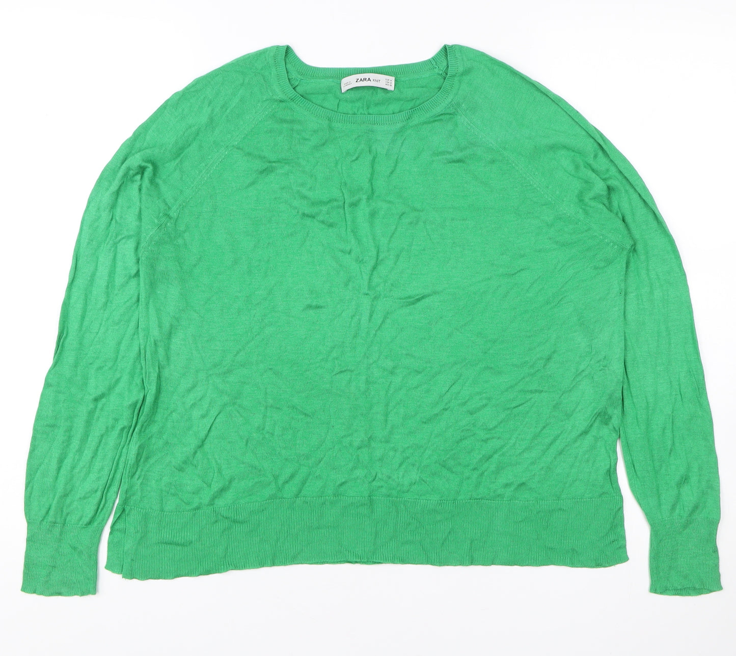 Zara Women Green Knit Pullover Jumper Medium Crew Neck Long Sleeve