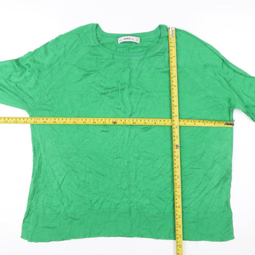 Zara Women Green Knit Pullover Jumper Medium Crew Neck Long Sleeve