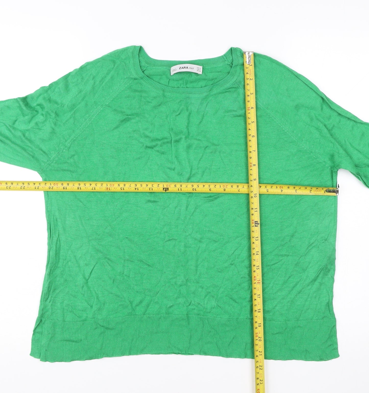Zara Women Green Knit Pullover Jumper Medium Crew Neck Long Sleeve