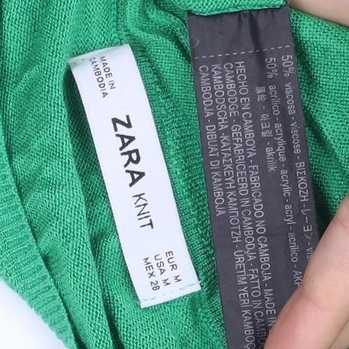 Zara Women Green Knit Pullover Jumper Medium Crew Neck Long Sleeve