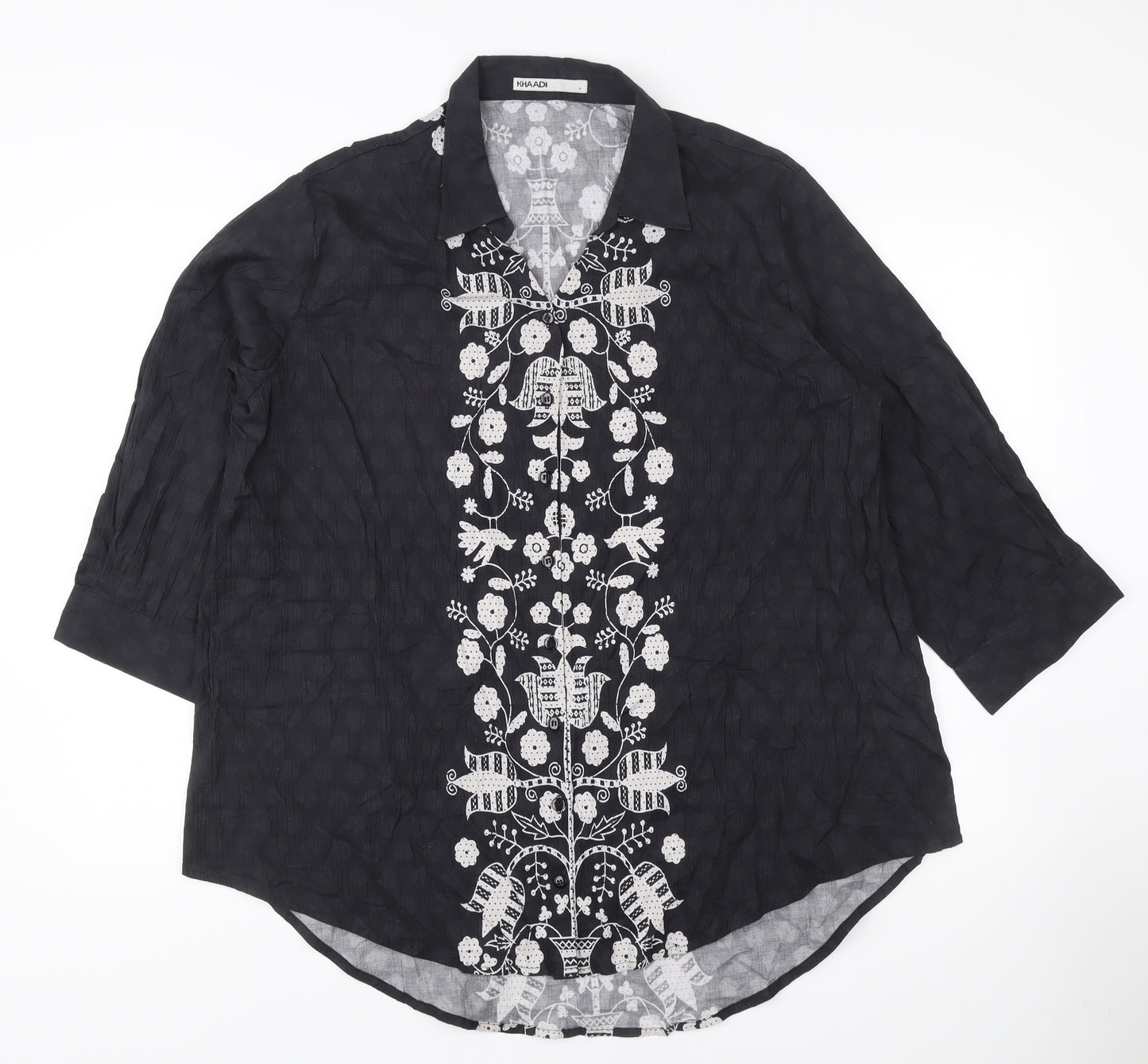 Khaadi Women’s Black Embroidered Tunic Blouse Size L 3/4 Sleeve Floral