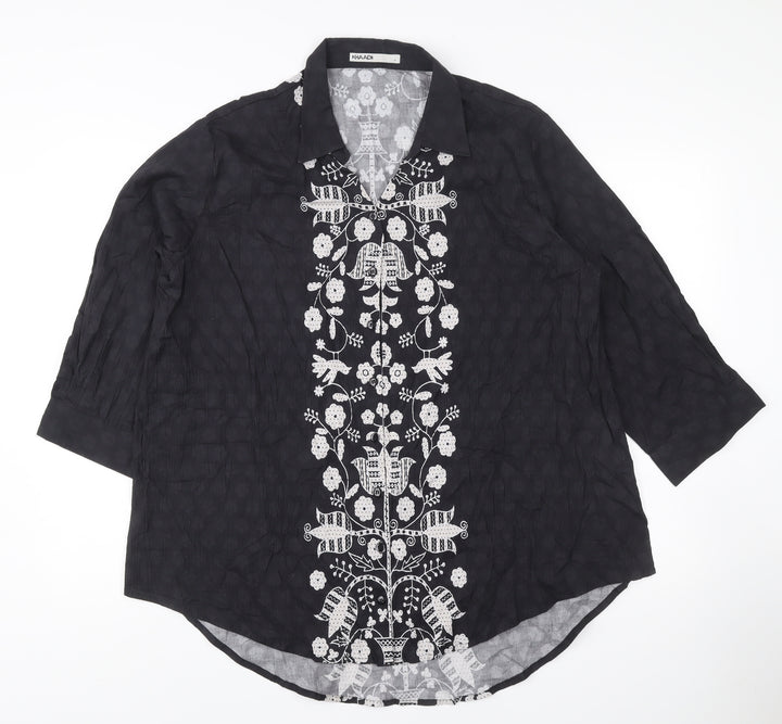 Khaadi Women’s Black Embroidered Tunic Blouse Size L 3/4 Sleeve Floral