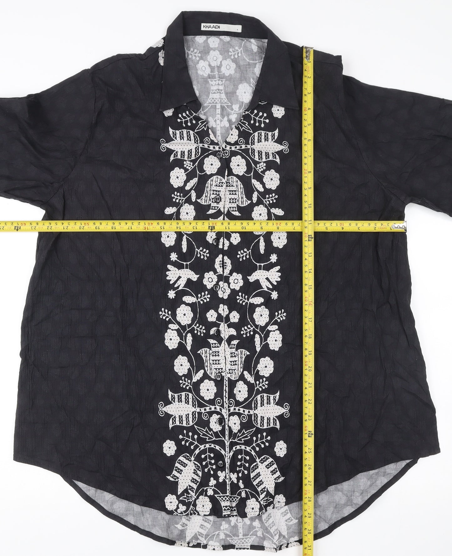 Khaadi Women’s Black Embroidered Tunic Blouse Size L 3/4 Sleeve Floral