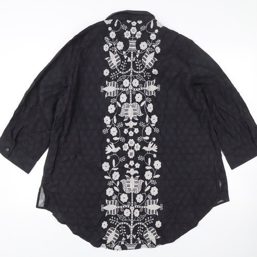 Khaadi Women’s Black Embroidered Tunic Blouse Size L 3/4 Sleeve Floral