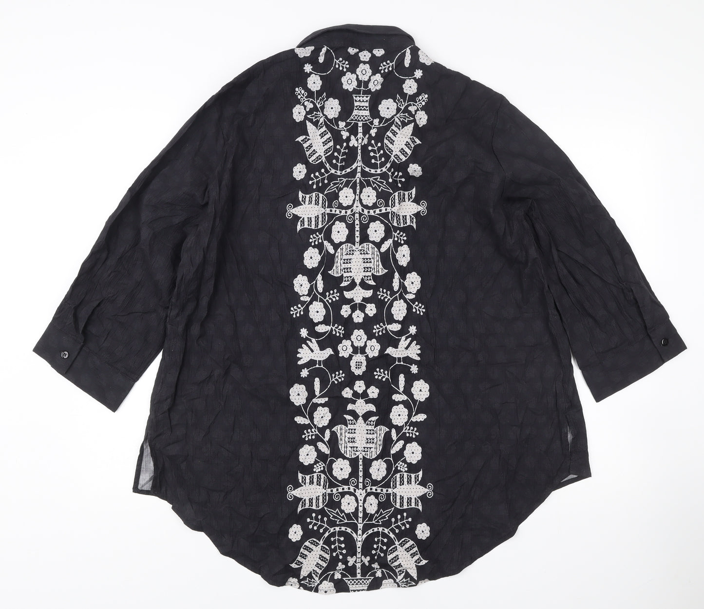 Khaadi Women’s Black Embroidered Tunic Blouse Size L 3/4 Sleeve Floral