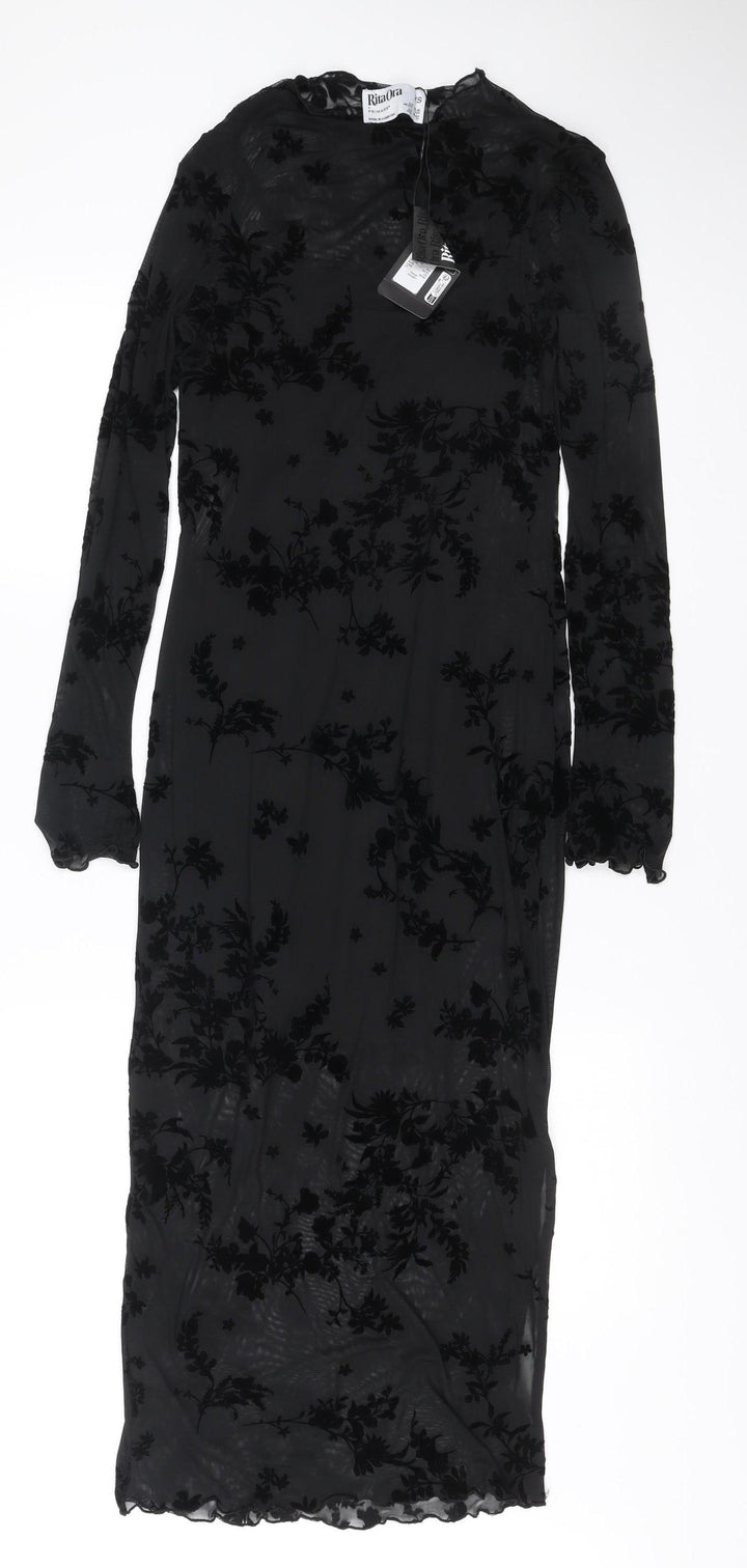 Rita Ora x Primark Women’s Black XS Velvet Floral Mesh Long Sleeve Bodycon Midi Dress