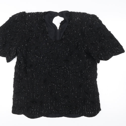 Glamour Women’s Black Beaded Viscose Tunic Blouse M Short Sleeve