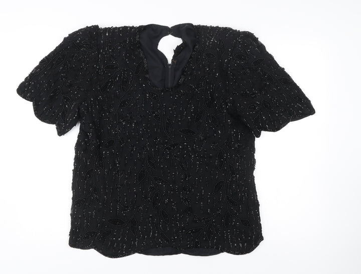 Glamour Women’s Black Beaded Viscose Tunic Blouse M Short Sleeve