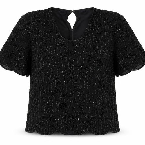 Glamour Women’s Black Beaded Viscose Tunic Blouse M Short Sleeve