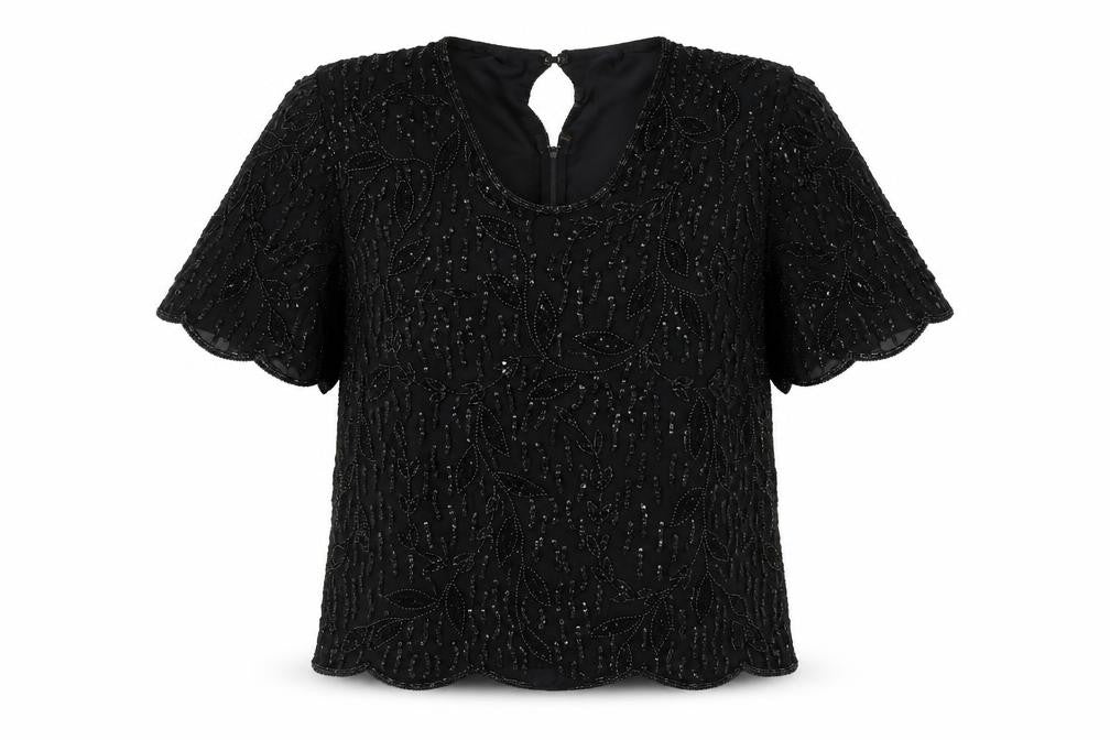 Glamour Women’s Black Beaded Viscose Tunic Blouse M Short Sleeve