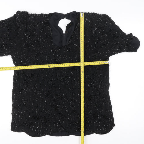 Glamour Women’s Black Beaded Viscose Tunic Blouse M Short Sleeve