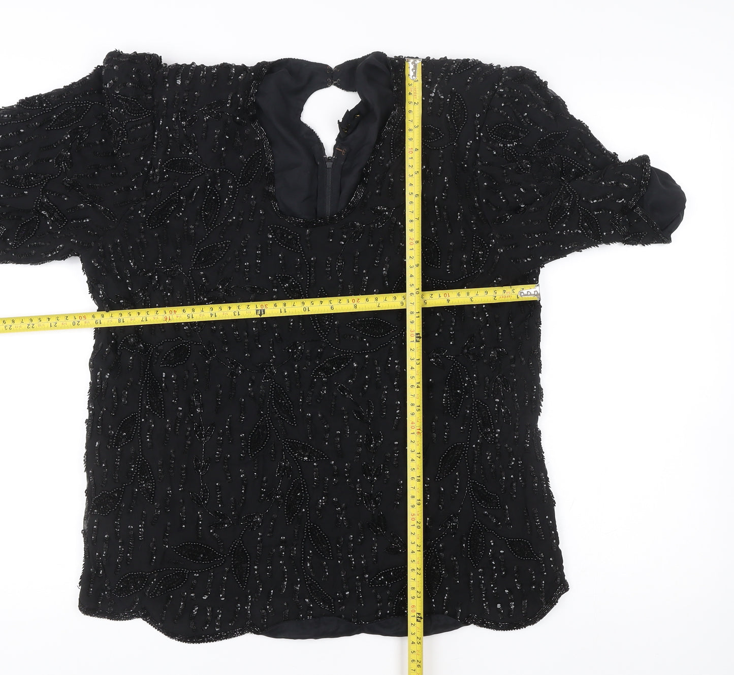 Glamour Women’s Black Beaded Viscose Tunic Blouse M Short Sleeve