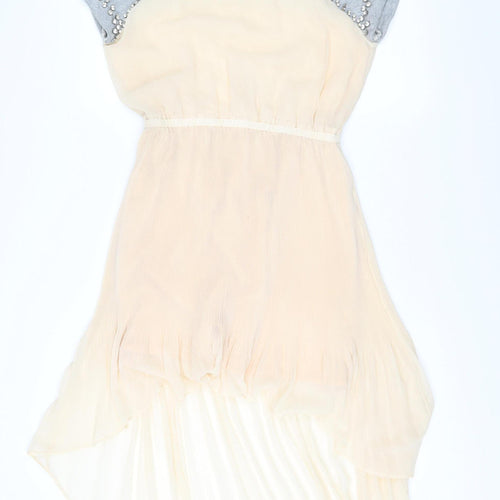 Ci Ci London Womens Beige Grey A-Line Dress Size S Collared Beaded Party