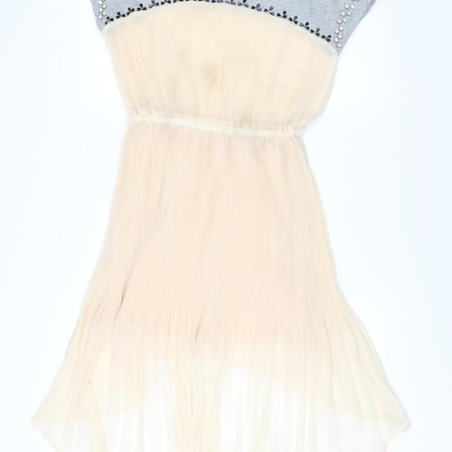 Ci Ci London Womens Beige Grey A-Line Dress Size S Collared Beaded Party