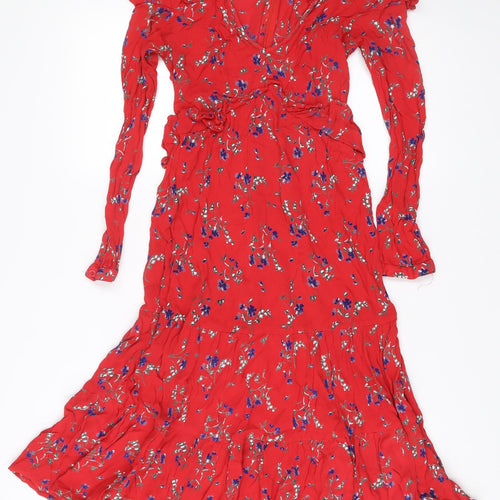ASOS Women's Red Floral Midi Wrap Dress Size 8 Long Sleeve V-Neck