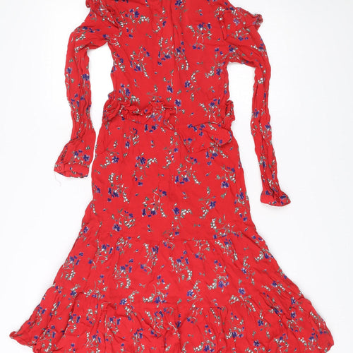 ASOS Women's Red Floral Midi Wrap Dress Size 8 Long Sleeve V-Neck