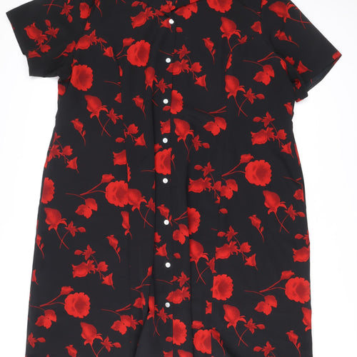 Classics Women’s Black Red Floral Shirt Dress L Short Sleeve Midi