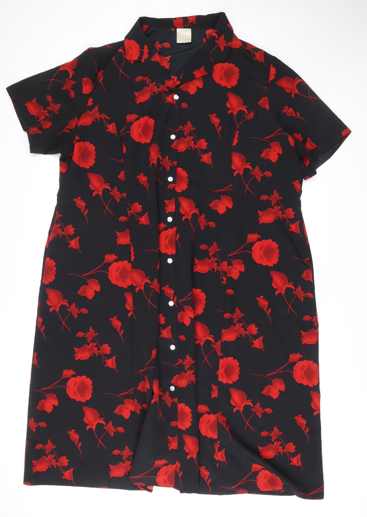 Classics Women’s Black Red Floral Shirt Dress L Short Sleeve Midi