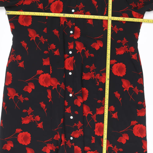 Classics Women’s Black Red Floral Shirt Dress L Short Sleeve Midi