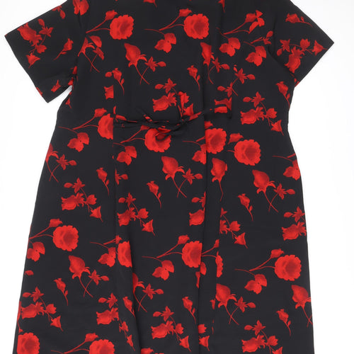 Classics Women’s Black Red Floral Shirt Dress L Short Sleeve Midi
