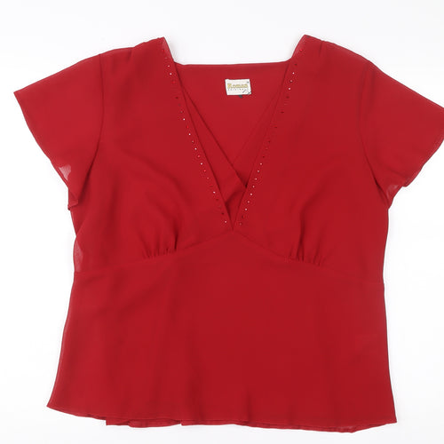 Roman Originals Women Red Size 18 Wrap Blouse V-Neck Short Sleeve