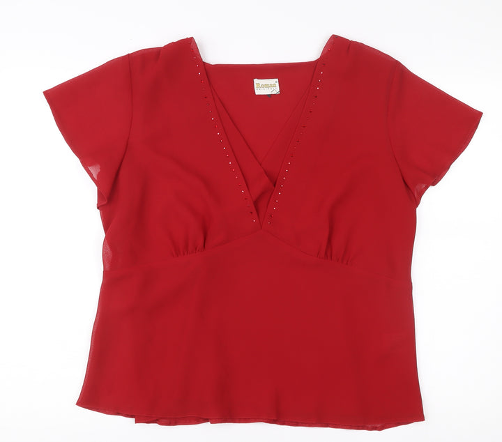 Roman Originals Women Red Size 18 Wrap Blouse V-Neck Short Sleeve