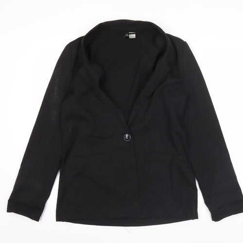 H&M Women Black Size 12 Regular Fit One-Button Blazer Jacket
