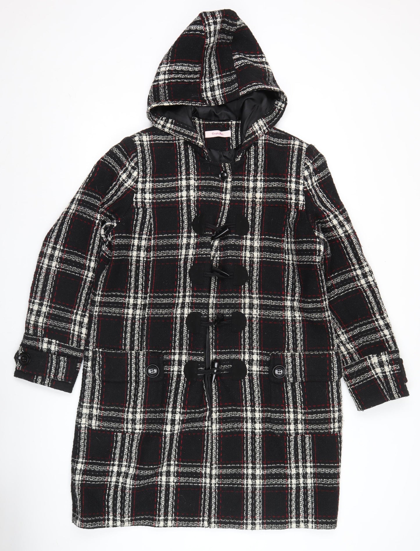 Simply Be Womens Black Check Duffle Coat Hooded Size 14