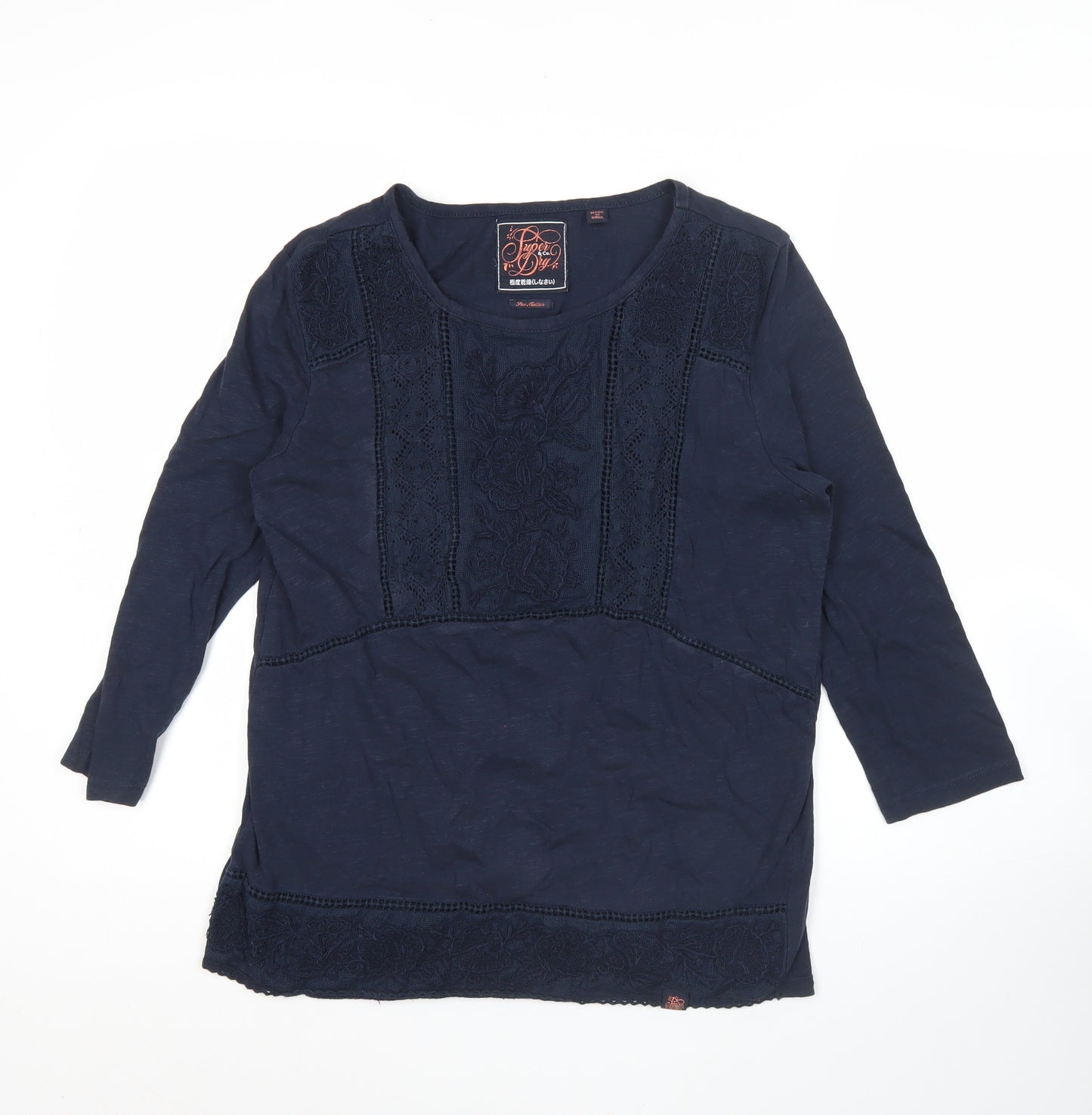 Superdry Womens Blue Embroidered Tunic Blouse Size M 3/4 Sleeve