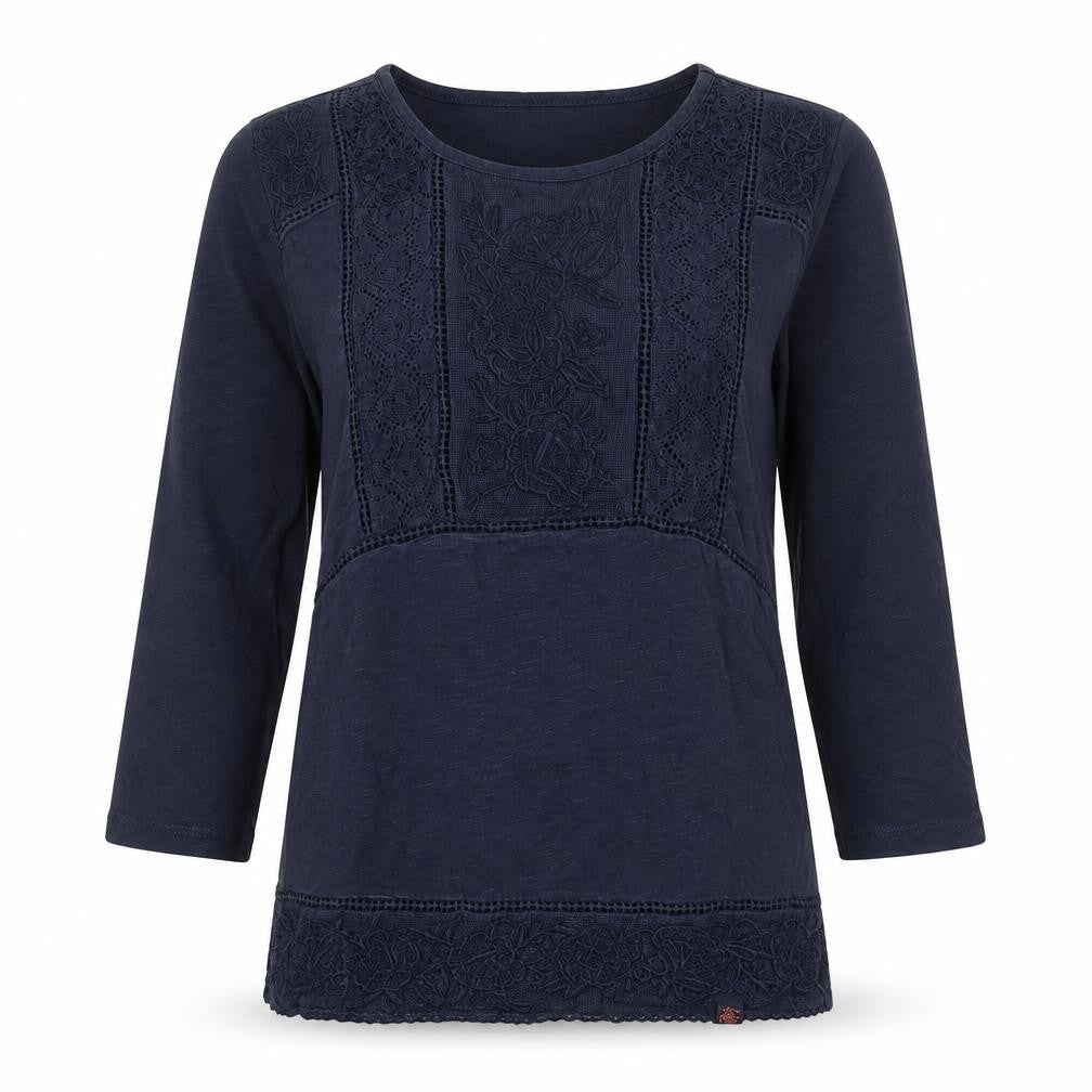 Front view of Superdry women’s blue embroidered tunic blouse, size M, 3/4 sleeve
