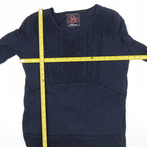 Superdry Womens Blue Embroidered Tunic Blouse Size M 3/4 Sleeve