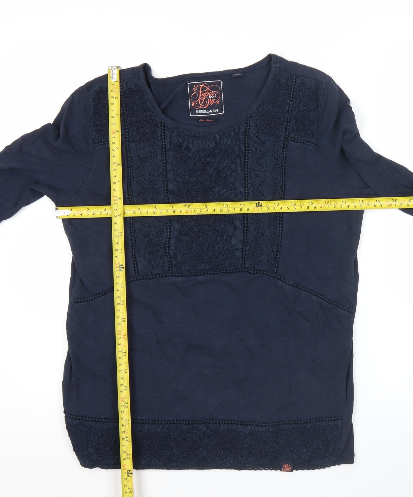 Superdry Womens Blue Embroidered Tunic Blouse Size M 3/4 Sleeve