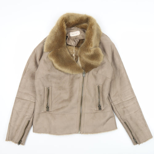 Marks and Spencer Women Beige Faux Fur Trim Biker Jacket Size 8