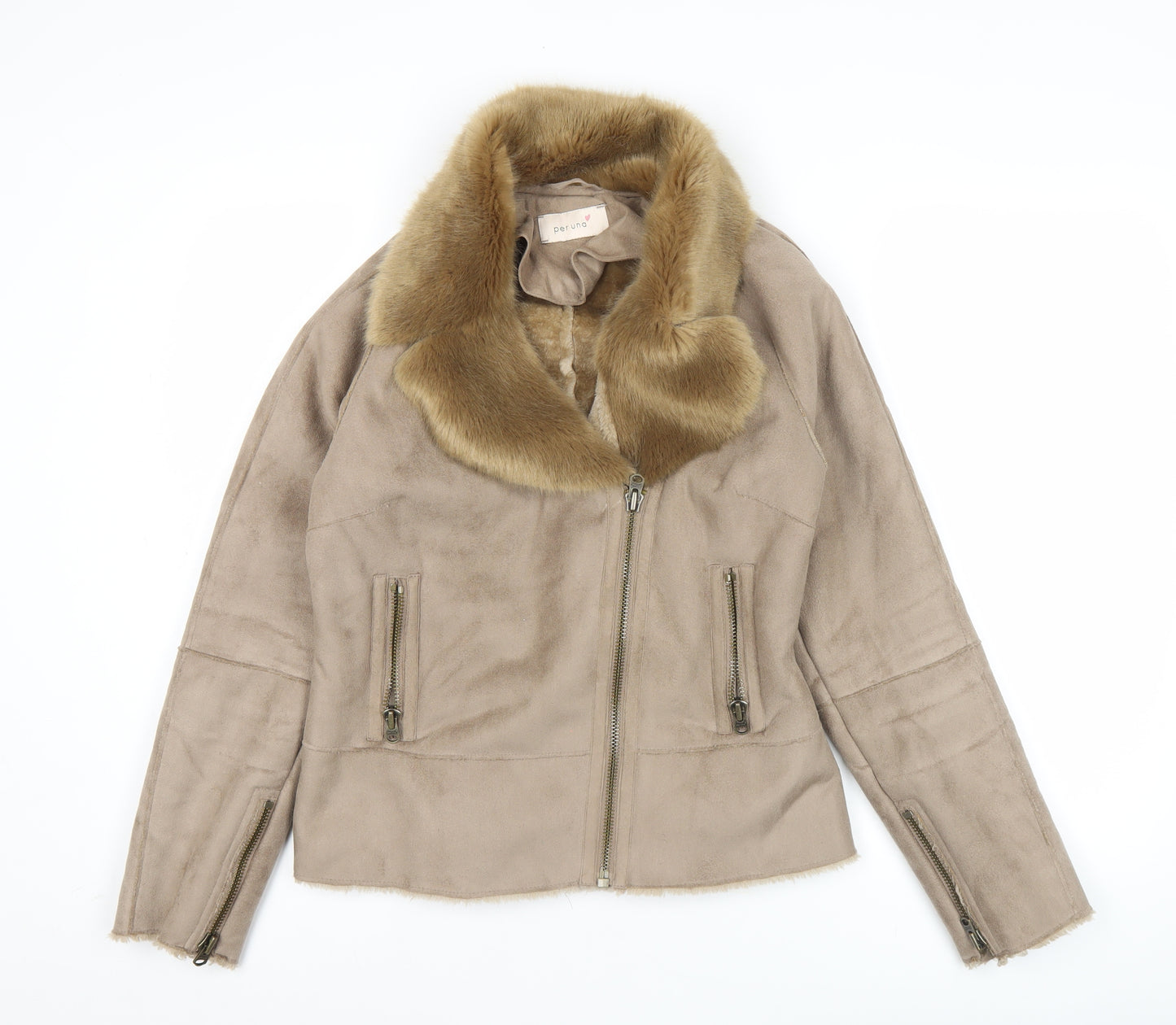Marks and Spencer Women Beige Faux Fur Trim Biker Jacket Size 8