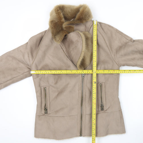 Marks and Spencer Women Beige Faux Fur Trim Biker Jacket Size 8