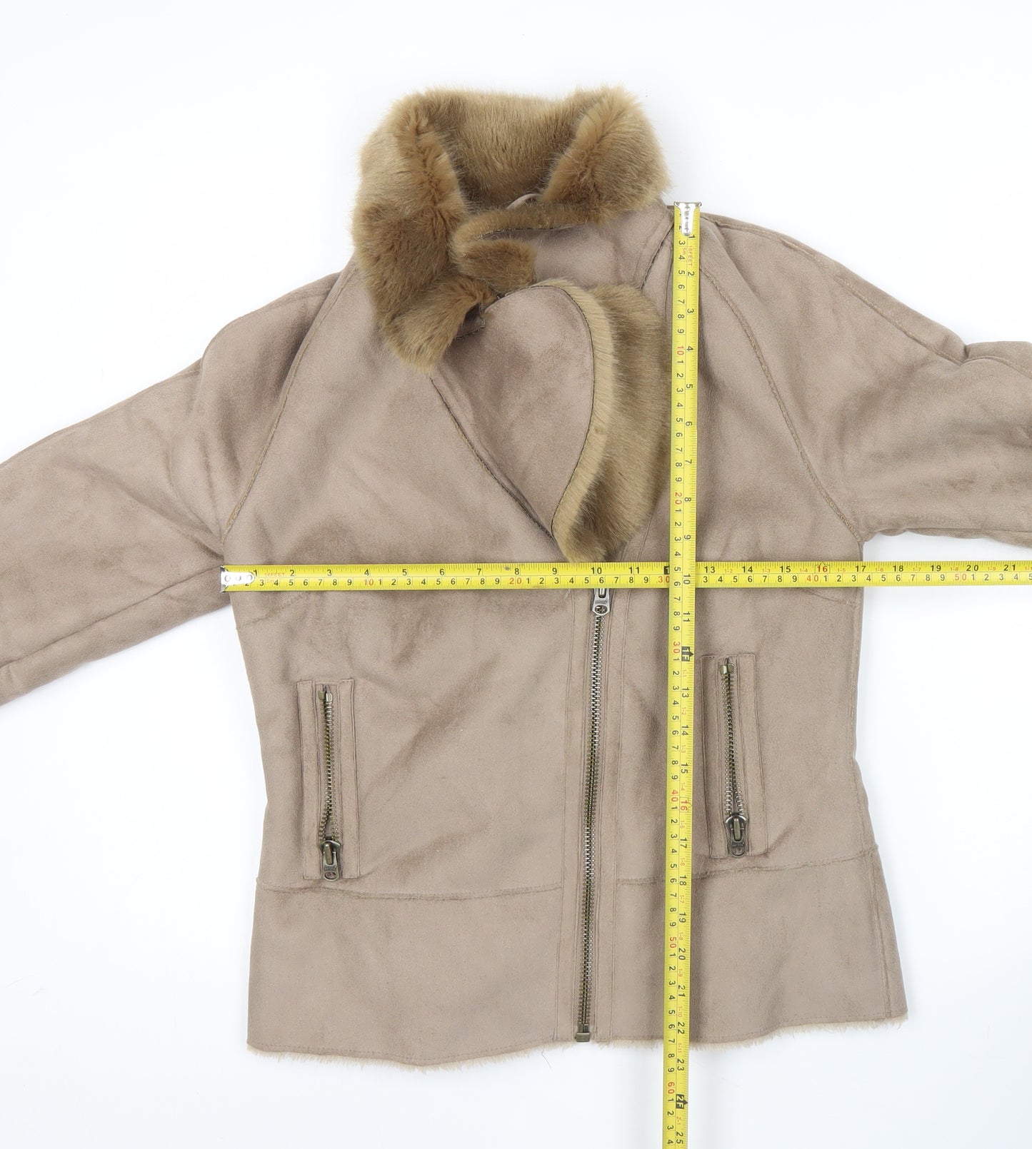Marks and Spencer Women Beige Faux Fur Trim Biker Jacket Size 8