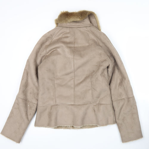 Marks and Spencer Women Beige Faux Fur Trim Biker Jacket Size 8