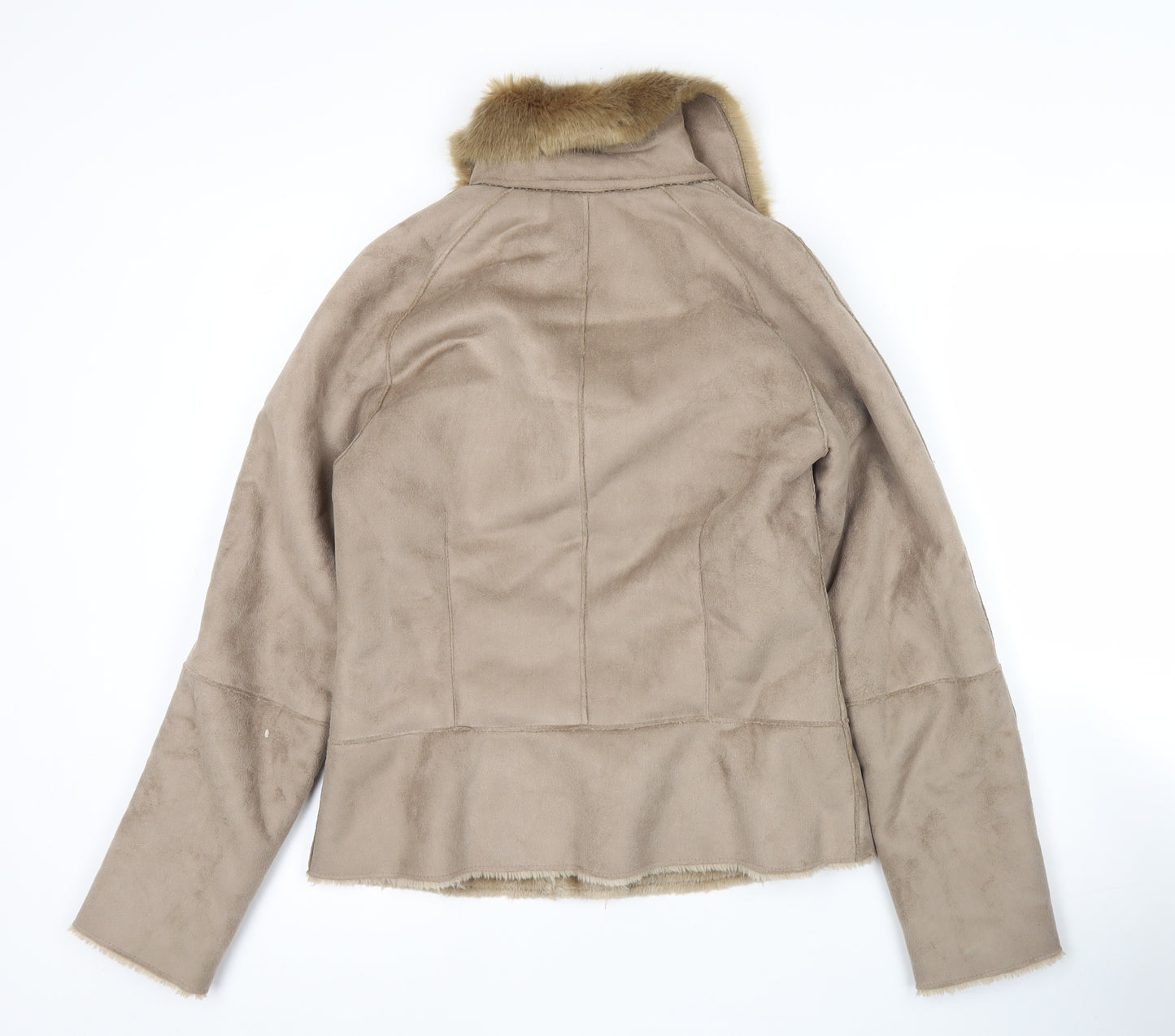 Marks and Spencer Women Beige Faux Fur Trim Biker Jacket Size 8