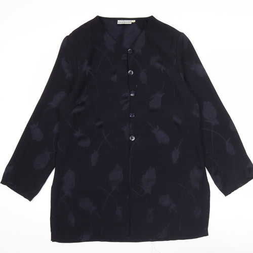 Janique Womens Black Floral Button Blouse Tunic Top M Long Sleeve