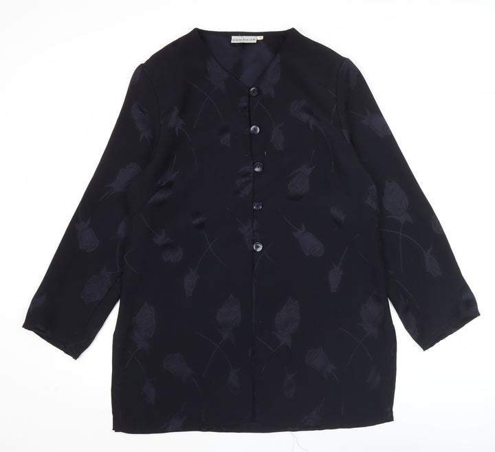 Janique Womens Black Floral Button Blouse Tunic Top M Long Sleeve