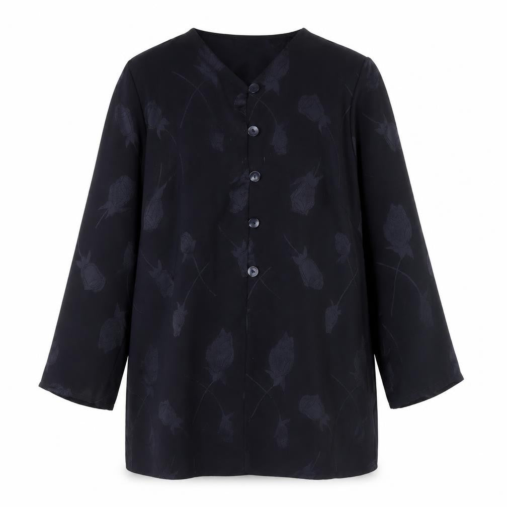 Front view of Janique women’s black floral button blouse tunic top m long sleeve
